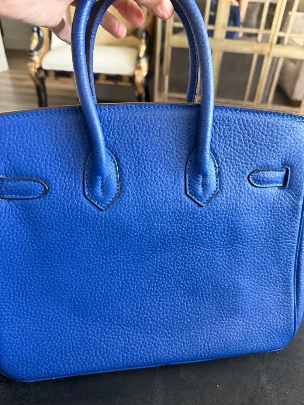 Classic Blue Pebbled Leather Top-Handle Satchel with Gold-Tone Hardware